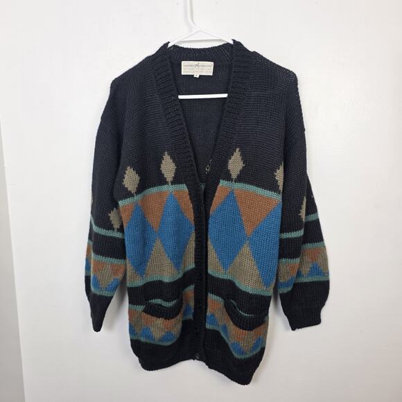 Peruvian Connection Black Multicolor Geometric 100% Alpaca Cardigan Size Small - Picture 1 of 6